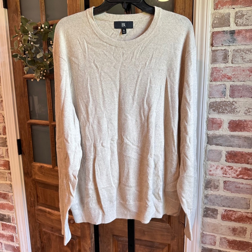 Banana Republic Sweater Mens Cream Merino Wool Crew Neck Long Sleeve XL FLAW